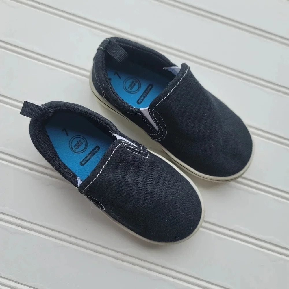 Wonder Nation Boys Black Canvas Slip On Sneakers Shoes Size 7 Summer Memory Foam